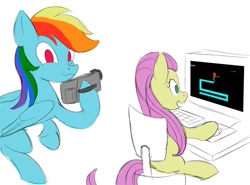 Size: 1500x1110 | Tagged: safe, artist:iron curtain, derpibooru import, fluttershy, rainbow dash, pegasus, pony, camcorder, chair, computer, computer mouse, computer screen, moments before disaster, scary maze game, simple background, this will not end well, white background
