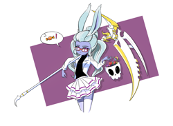 Size: 2000x1462 | Tagged: safe, artist:twilite-sparkleplz, derpibooru import, sugarcoat, equestria girls, bunny ears, candy, clothes, costume, final fantasy, final fantasy xiv, food, glasses, halloween, halloween costume, scythe, solo, viera