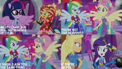 Size: 1280x720 | Tagged: safe, derpibooru import, edit, edited screencap, editor:quoterific, screencap, applejack, fluttershy, pinkie pie, rainbow dash, rarity, sci-twi, sunset shimmer, twilight sparkle, better together, equestria girls, rollercoaster of friendship, cellphone, clothes, cutie mark, cutie mark on clothes, drums, female, glasses, humane five, humane seven, humane six, musical instrument, open mouth, open smile, phone, ponied up, smartphone, smiling, spread wings, wings