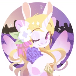 Size: 1414x1414 | Tagged: safe, artist:tsarstvo, derpibooru import, oc, oc only, alicorn, pony, alicorn oc, bouquet, bunny ears, bust, flower, horn, looking at you, one eye closed, portrait, solo, wings, wink