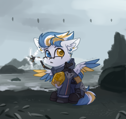 Size: 1350x1275 | Tagged: safe, artist:dorkmark, derpibooru import, oc, oc only, oc:alan techard, pegasus, pony, beach, cheek fluff, chibi, colored wings, crossover, death stranding, ear fluff, ears, glasses, heterochromia, multicolored wings, solo, wings