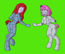 Size: 2616x2156 | Tagged: safe, artist:sin-r, derpibooru import, oc, oc only, human, pony, robot, armor, duo, female, human to pony, power armor, species swap, transformation, transformation sequence