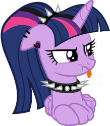 Size: 925x1059 | Tagged: safe, artist:aethon056, derpibooru import, editor:severity-gray, twilight sparkle, twilight sparkle (alicorn), alicorn, pony, alternate hairstyle, choker, collar, cute, ear piercing, eyeliner, eyeshadow, female, goth, makeup, piercing, raspberry, simple background, solo, tongue, tongue out, transparent background