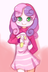 Size: 1020x1530 | Tagged: safe, artist:drantyno, derpibooru import, sweetie belle, equestria girls, banana, child, eating, female, food, solo