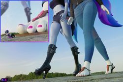Size: 3840x2560 | Tagged: safe, artist:shadowboltsfm, derpibooru import, oc, oc only, oc:inkwell stylus, oc:maple cake, oc:midnight grave, anthro, plantigrade anthro, 3d, blender, boots, breasts, clothes, feet, female, giant anthro, giantess, high heel boots, high heels, high res, jeans, legs, macro, micro, nail polish, not sfm, open-toed shoes, pants, sandals, shoes, tiny, toenail polish, toes, unaware, walking