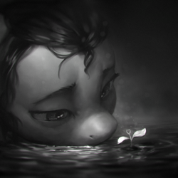 Size: 960x960 | Tagged: safe, artist:assasinmonkey, derpibooru import, pony, black and white, grayscale, monochrome, plant, solo, water