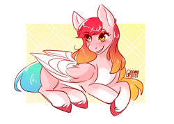 Size: 948x675 | Tagged: safe, artist:cosmalumi, derpibooru import, oc, oc only, pegasus, pony, female, gradient mane, gradient tail, lying down, mare, prone, solo