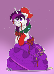 Size: 2136x2920 | Tagged: safe, artist:rokosmith26, derpibooru import, oc, oc only, oc:curiosity cosmos, lamia, original species, snake, snake pony, bow, cheek fluff, christmas, christmas lights, christmas stocking, christmas wreath, clothes, commission, ears, fangs, floppy ears, holiday, horn, leggings, looking up, male, one ear down, ribbon, scales, simple background, sitting, smiling, snake tail, solo, sweat, sweatdrop, tail, tongue, tongue out, tooth, unicorn horn, wreath, ych result
