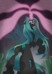 Size: 3720x5262 | Tagged: safe, artist:aarondrawsarts, derpibooru import, queen chrysalis, changeling, changeling queen, commission, commissioner:reversalmushroom, female, looking at you, looking down, looking down at you, magic, pov, tongue, tongue out