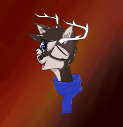 Size: 1280x1321 | Tagged: safe, artist:aurorakins, derpibooru import, oc, oc only, oc:devo, deer, deer pony, original species, antlers, clothes, deer oc, looking at you, one eye closed, scarf, solo, wink, winking at you