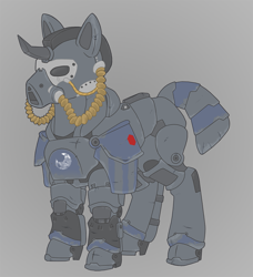 Size: 911x1000 | Tagged: safe, artist:evvyenvy, derpibooru import, oc, oc:ottomatic, earth pony, pony, fallout equestria, amputee, armor, armored pony, faded paint, fallout, fallout equestria: all things unequal, male, pathfinder, power armor, prosthetic horn, prosthetics, soldier, solo, stallion, t-65 power armor