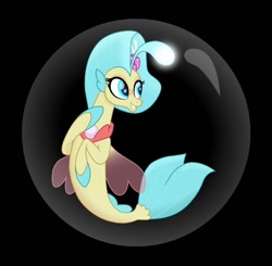 Size: 720x707 | Tagged: safe, artist:carlosuriel13, derpibooru import, princess skystar, seapony (g4), my little pony: the movie, black background, blue eyes, blue mane, bubble, clothes, dorsal fin, female, fin wings, fins, fish tail, flower, flower in hair, flowing tail, freckles, glowing, jewelry, necklace, pearl necklace, see-through, simple background, smiling, solo, tail, wings