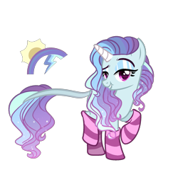 Size: 1467x1511 | Tagged: safe, artist:just-silvushka, derpibooru import, oc, oc only, pony, unicorn, base used, clothes, eyelashes, female, horn, leonine tail, magical lesbian spawn, makeup, mare, offspring, parent:princess celestia, parent:rainbow dash, raised hoof, raised leg, simple background, smiling, socks, solo, striped socks, tail, transparent background, unicorn oc