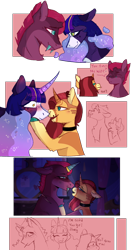 Size: 1080x2000 | Tagged: safe, artist:winter-crispy, derpibooru import, fizzlepop berrytwist, sunset shimmer, tempest shadow, twilight sparkle, twilight sparkle (alicorn), alicorn, pony, unicorn, alternate design, bedroom eyes, blushing, choker, crystal horn, curved horn, ethereal mane, fangs, female, horn, lesbian, looking at each other, looking at someone, mare, polyamory, shipping, starry mane, sunsetsparkle, tempest gets her horn back, tempestlight, tempestshimmer, tempestshimmerlight