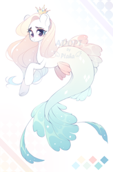 Size: 2300x3500 | Tagged: safe, artist:uni-honey, derpibooru import, oc, oc only, seapony (g4), adoptable, auction, crown, dorsal fin, female, fins, fish tail, flowing mane, flowing tail, jewelry, looking at you, regalia, simple background, smiling, smiling at you, solo, sparkles, tail, watermark, white background