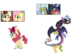 Size: 1256x941 | Tagged: safe, artist:tragedy-kaz, derpibooru import, fluttershy, oc, draconequus, kirin, pegasus, pony, base used, draconequus oc, female, magical lesbian spawn, male, mare, offspring, parent:autumn blaze, parent:cosmos, parent:discord, parent:fluttershy, parents:autumnshy, parents:coscord, screencap reference, simple background, smiling, transparent background