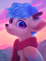 Size: 2502x3316 | Tagged: safe, artist:imalou, derpibooru import, oc, oc only, oc:streamline, deer, deer pony, original species, peryton, antlers, bust, clothes, commission, female, looking at you, scarf, smiling, solo