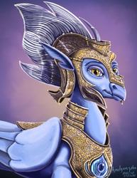 Size: 1280x1657 | Tagged: safe, artist:amalgamzaku, derpibooru import, sky beak, classical hippogriff, hippogriff, armor, beak, bust, feather, folded wings, gem, golden eyes, helmet, lidded eyes, majestic, male, portrait, purple background, signature, simple background, smiling, solo, wings