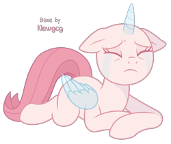 Size: 1227x1035 | Tagged: safe, artist:klewgcg, derpibooru import, oc, oc only, alicorn, pony, alicorn oc, bald, base, crying, ears, eyelashes, eyes closed, female, floppy ears, frown, horn, lying down, mare, prone, sad, simple background, transparent background, wings