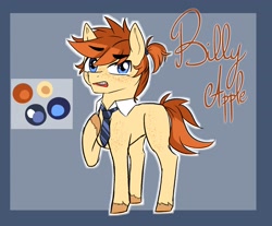 Size: 2900x2400 | Tagged: safe, artist:yumeyuuheii, derpibooru import, oc, oc only, oc:billy apple, earth pony, pony, colored hooves, earth pony oc, freckles, male, necktie, offspring, parent:applejack, raised hoof, raised leg, reference sheet, stallion, story included