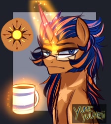 Size: 1791x1988 | Tagged: safe, artist:yumeyuuheii, derpibooru import, oc, oc only, pony, unicorn, abstract background, bust, coffee, glasses, glowing, glowing horn, horn, magic, magical gay spawn, male, mug, offspring, parent:flash sentry, parent:sunburst, parents:flashburst, solo, stallion, telekinesis