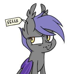 Size: 1000x1064 | Tagged: safe, artist:equestria-prevails, oc, oc only, oc:midnight blossom, bat pony, pony, /mlp/, 4chan, bat pony oc, ear fluff, ear tag, ear tufts, ears, eeee, female, frown, glare, lidded eyes, mare, nose wrinkle, pound sterling, price tag, raised eyebrow, scrunchy face, simple background, sitting, solo, transparent background, unamused, £££££