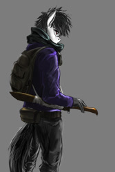 Size: 1000x1500 | Tagged: safe, artist:d-lowell, oc, oc only, anthro, earth pony, backpack, clothes, gray background, male, simple background, solo, sword, weapon