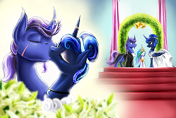 Size: 1800x1200 | Tagged: safe, artist:d-lowell, princess celestia, princess luna, oc, oc:azure night, alicorn, pony, unicorn, alternate hairstyle, canon x oc, clothes, curved horn, dress, female, horn, horn ring, kissing, male, mare, marriage, ring, scar, shipping, stallion, straight, suit, wedding, wedding dress