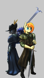 Size: 1000x1750 | Tagged: safe, artist:d-lowell, oc, oc only, anthro, earth pony, clothes, dark souls, duo, gray background, hat, male, simple background, stallion, sword, weapon