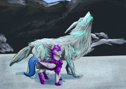 Size: 1290x911 | Tagged: safe, artist:d-lowell, oc, oc only, oc:alona, pegasus, pony, wolf, armor, female, guardsmare, helmet, hoof shoes, mare, mountain, night guard, night guard armor, pegasus oc, royal guard, snow, wings