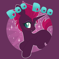 Size: 1024x1024 | Tagged: safe, alternate version, artist:pxper_wing, edit, editor:lasty, ponybooru exclusive, tempest shadow, unicorn, cute, female, fixed horn, horn, mouthpiece, pink mane, pink tail, purple coat, simple background, sparkles, teal eyes, tempestbetes