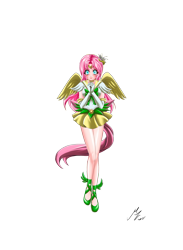 Size: 1976x2705 | Tagged: safe, alternate version, artist:mauroz, derpibooru import, part of a set, fluttershy, human, anime, breasts, clothes, cosplay, costume, gloves, humanized, sailor moon, sailor scout, simple background, transparent background, winged humanization, wings