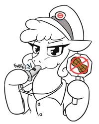 Size: 524x659 | Tagged: safe, artist:jargon scott, derpibooru import, oc, oc only, earth pony, pony, black and white, blowing whistle, clothes, ears, female, floppy ears, grayscale, hat, mare, monochrome, neo noir, no nut november, nut, partial color, puffy cheeks, sign, simple background, solo, uniform, whistle, white background