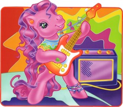 Size: 778x681 | Tagged: safe, derpibooru import, skywishes, earth pony, g3, acid trip, amp, bow, clothes, colorful, curly hair, curly mane, electric guitar, friendship bracelet, green eyes, guitar, kite string, long mane, musical instrument, neon, official, pink hair, purple coat, purple hair, shirt, simple background, sky wishes, solo, standing, t-shirt, tie dye, transparent background