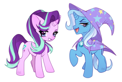 Size: 4623x3130 | Tagged: safe, artist:winnievincent, derpibooru import, starlight glimmer, trixie, pony, unicorn, curved horn, duo, duo female, female, grin, high res, horn, looking at you, mare, open mouth, open smile, signature, simple background, smiling, smiling at you, white background