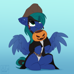 Size: 3500x3500 | Tagged: safe, artist:airfly-pony, derpibooru import, oc, oc:ender, pegasus, pony, begging, candy bag, clothes, costume, cute, halloween, halloween costume, hat, holiday, jack sparrow, jack-o-lantern, male, pegasus oc, pirate, pirate hat, pirates of the caribbean, pumpkin, spread wings, stallion, trick or treat, wings