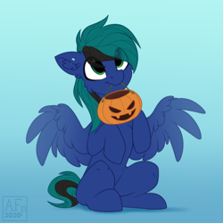 Size: 3500x3500 | Tagged: safe, artist:airfly-pony, derpibooru import, oc, oc:ender, pegasus, pony, begging, candy bag, cute, halloween, holiday, jack sparrow, jack-o-lantern, male, pegasus oc, pumpkin, spread wings, stallion, trick or treat, wings