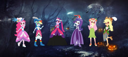 Size: 1024x455 | Tagged: safe, artist:cartoonmasterv3, derpibooru import, applejack, fluttershy, pinkie pie, rainbow dash, rarity, twilight sparkle, twilight sparkle (alicorn), alicorn, undead, vampire, equestria girls, clothes, halloween, halloween 2021, holiday, humane five, humane six, jack-o-lantern, long dress, long skirt, pumpkin, skirt