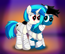 Size: 7906x6600 | Tagged: safe, artist:agkandphotomaker2000, derpibooru import, dj pon-3, vinyl scratch, oc, oc:pony video maker, pegasus, pony, unicorn, absurd resolution, canon x oc, clothes, costume, eyebrows, eyebrows visible through hair, female, grin, halloween, halloween costume, holding arm, holiday, looking at each other, male, mummy, mummy costume, nightmare night, shipping, smiling, smiling at each other, straight, videoscratch