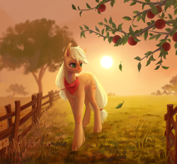 Size: 2600x2400 | Tagged: safe, artist:inarimayer, derpibooru import, applejack, earth pony, pony, apple, apple tree, bandana, falling leaves, female, fence, hatless, high res, leaves, mare, missing accessory, smiling, solo, sunset, tree