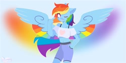 Size: 2000x1000 | Tagged: safe, artist:fourteennails, derpibooru import, rainbow dash, anthro, pegasus, clothes, colored wings, female, looking at you, mare, middle finger, midriff, multicolored wings, one eye closed, rainbow wings, shorts, solo, sports bra, tongue, tongue out, vulgar, wings, wink, winking at you