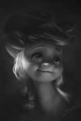 Size: 720x1080 | Tagged: safe, artist:assasinmonkey, derpibooru import, applejack, earth pony, pony, black and white, bust, dramatic lighting, female, grayscale, looking up, mare, monochrome, signature, smiling, solo