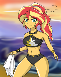 Size: 2000x2500 | Tagged: safe, artist:artevi, derpibooru import, sunset shimmer, bird, human, better together, equestria girls, forgotten friendship, beach, beach shorts swimsuit, breasts, clothes, looking at you, ocean, solo, sunset, sunset jiggler, sunset shimmer's beach shorts swimsuit, swimsuit, towel