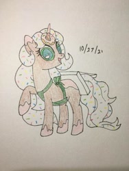 Size: 394x525 | Tagged: safe, artist:carty, derpibooru import, oc, oc:donut daydream, unicorn, clothes, costume, donut, food, starbucks, traditional art