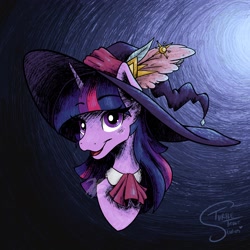 Size: 2048x2048 | Tagged: safe, artist:turtletroutstudios, derpibooru import, twilight sparkle, pony, bust, clothes, costume, hat, nightmare night costume, portrait, solo, witch hat