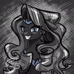 Size: 2048x2048 | Tagged: safe, artist:turtletroutstudios, derpibooru import, nightmare rarity, pony, unicorn, bust, female, mare, monochrome, neo noir, partial color, portrait, solo