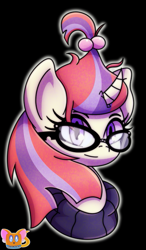 Size: 423x723 | Tagged: safe, artist:juniortheherowriter, derpibooru import, moondancer, pony, unicorn, black background, bust, female, mare, portrait, simple background, solo, watermark, white outline