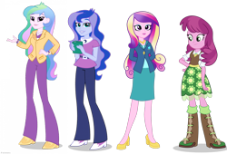 Size: 2738x1867 | Tagged: safe, derpibooru import, cheerilee, dean cadance, princess cadance, princess celestia, princess luna, principal celestia, vice principal luna, equestria girls, boots, clipboard, clothes, female, hands behind back, high heels, pants, quartet, shoes, siblings, simple background, sisters, skirt, staff, teacher, transparent background