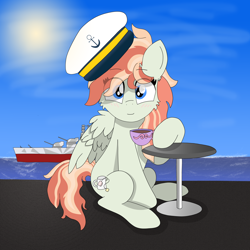 Size: 8000x8000 | Tagged: safe, artist:ignacio, derpibooru import, oc, oc only, oc:tea dip, pegasus, pony, equestria at war mod, absurd file size, absurd resolution, battleship, blushing, cup, eye clipping through hair, eyebrows, eyebrows visible through hair, female, hat, looking at you, mare, ocean, pegasus oc, sitting, smiling, smiling at you, solo, table, teacup