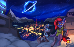 Size: 1500x950 | Tagged: safe, artist:freak-side, derpibooru import, cyborg, dog, earth pony, pony, night, night city, pet, solo